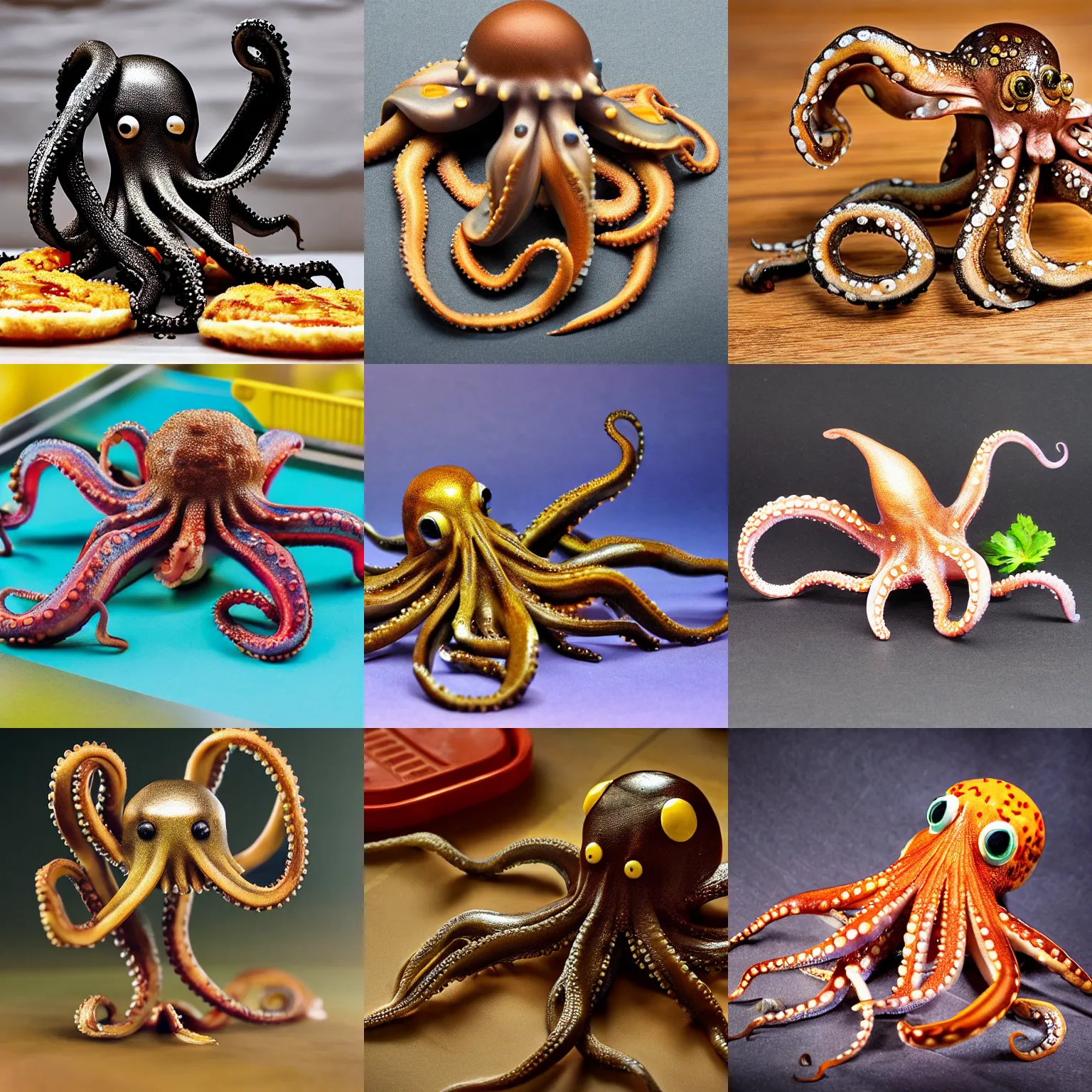 Prompt: octopus eating fastfood, octopus has metallic skin, highly realistic, 5 5 mm