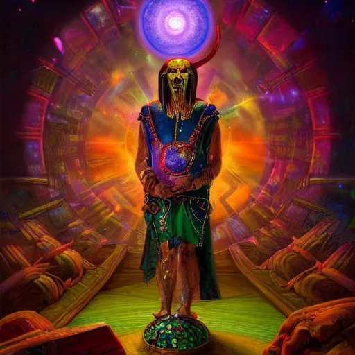 Prompt: detailed image of the god thoth, dye transfer style, insects and crystals deflecting light, deep jewel tones, cinematic lighting, epic composition, hyper realistic, extreme detail, esoteric symbolism, ultra high quality, 3 d render, 8 k, by tyler edlin, by cory loftis, by cyril rolendo and rhads