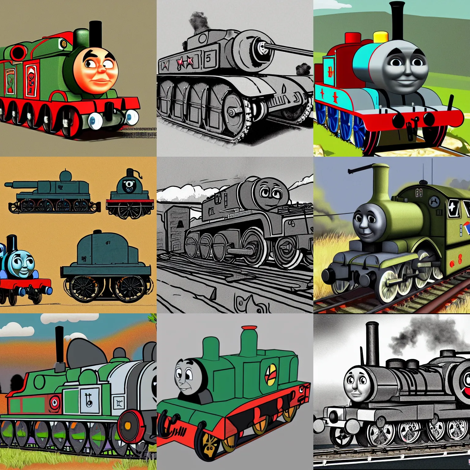 Prompt: thomas the world war 2 tank engine in the art style of wilbert awdry