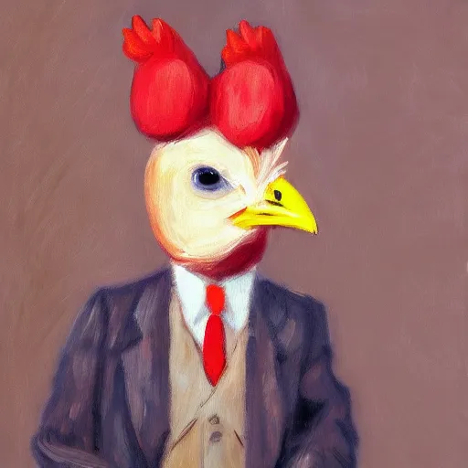 Image similar to a high quality photo of a chicken wearing a suit, Impressionism, 8k