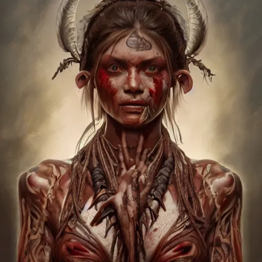 Image similar to zoomed out portrait painting of a muscular bloodied tribal girl butcher, tattooed, ultra realistic, concept art, intricate details, eerie, highly detailed, photorealistic, octane render, 8 k, unreal engine. art by artgerm and greg rutkowski and alphonse mucha