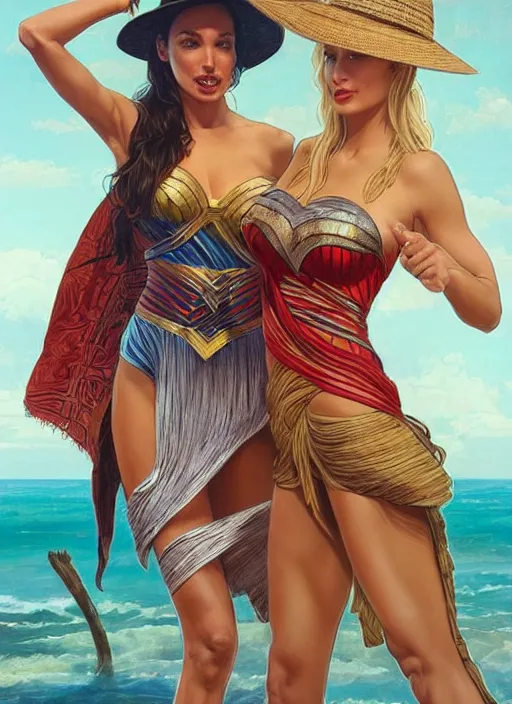 Image similar to lindsey pelas and gal gadot wearing a batik tube top and asian straw hat, digital painting, artstation, concept art, sharp focus, illustration, art by artgerm and greg rutkowski and alphonse mucha