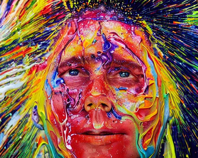 Image similar to still shot close up footage of the portrait of a human head exploding and disintegrating into acrylic pour and splashing paint and dripping paint, painful emotions, motion blur, hyperrealistic, medical, intricate art photography, anatomically correct, realistic crisp textures, 1 6 k