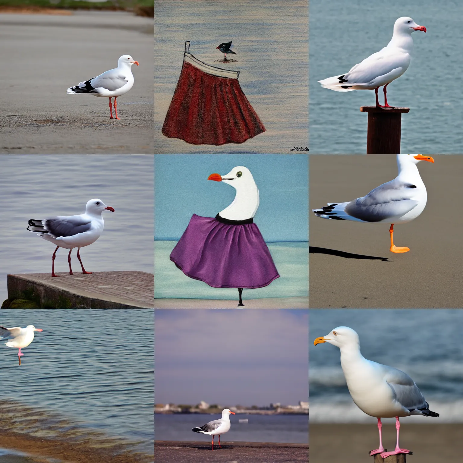 Prompt: A seagull in a skirt