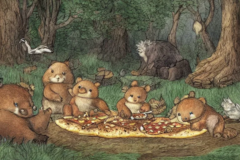 Prompt: a detailed and lively children's book illustration by beatrix potter of lots of woodland animals having a pizza party in the woods. a big pizza oven is tended by a large brown grizzly bear, and a stork flies above. digital art, trending on artstation.