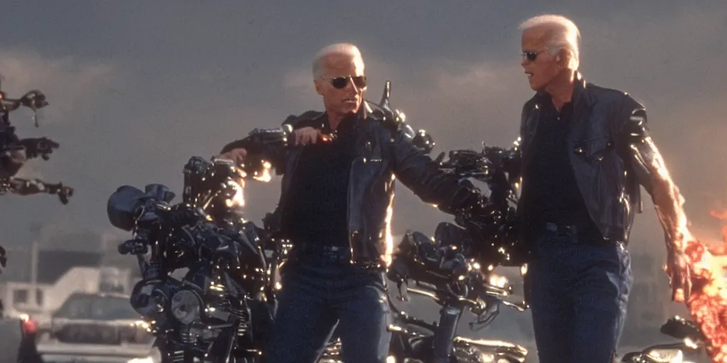 Prompt: joe biden in the terminator shooting terminator donald trump, cinematic, two characters, highly detailed, photorealistic, cinematic lighting, James Cameron, hr GIGER