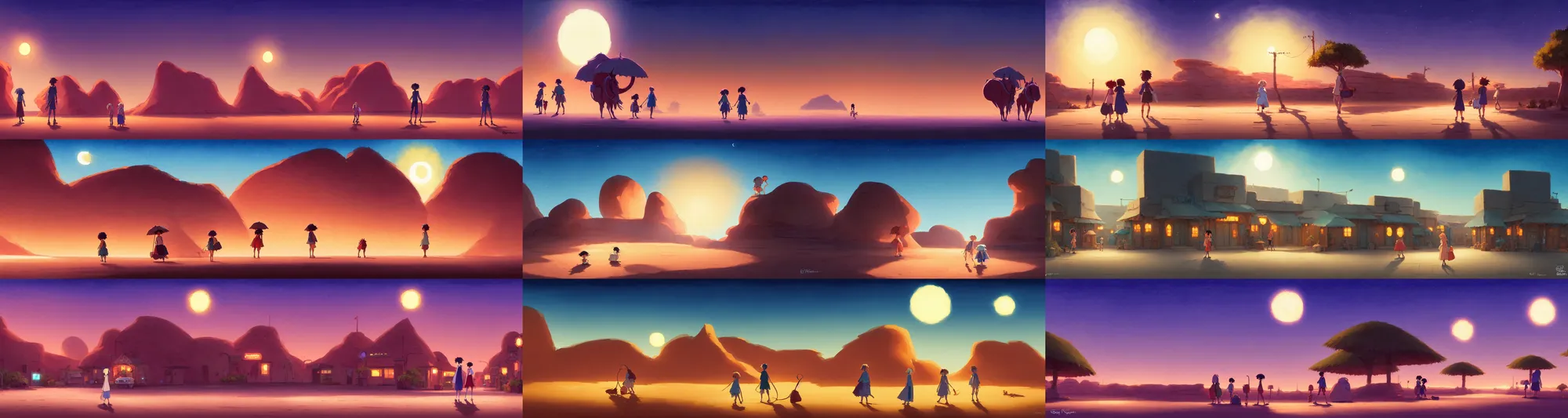 Prompt: a wholesome animation key shot of a cute empty sahara night, studio ghibli, pixar and disney animation, sharp, rendered in gouache painting, anime gouache key art by greg rutkowski, bloom, dramatic, dynamic lighting