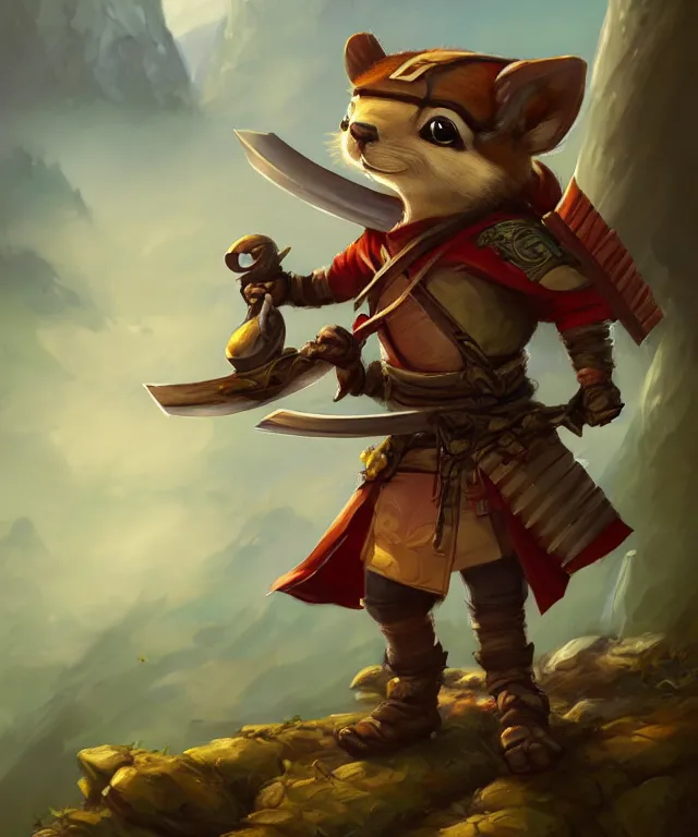 Image similar to anthropomorphic chipmunk samurai, samurai outfit, standing in a beautiful landscape, cute and adorable, dnd character art portrait, matte fantasy painting, deviantart artstation, by jason felix by steve argyle by tyler jacobson by peter mohrbacher, cinematic lighting