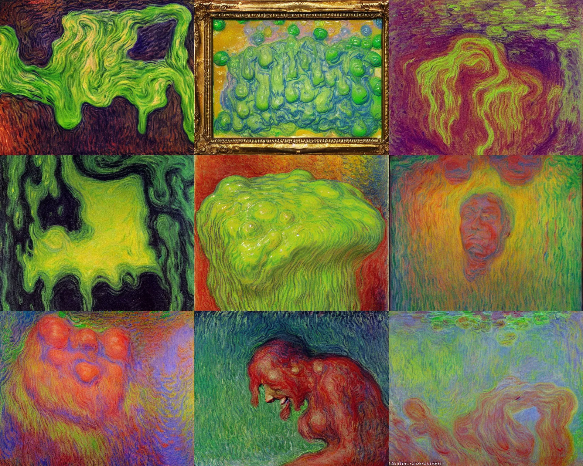 Prompt: slime goop person melting collapsing. face melting and dripping. impressionist painting, claude monet, melting wax, blobs