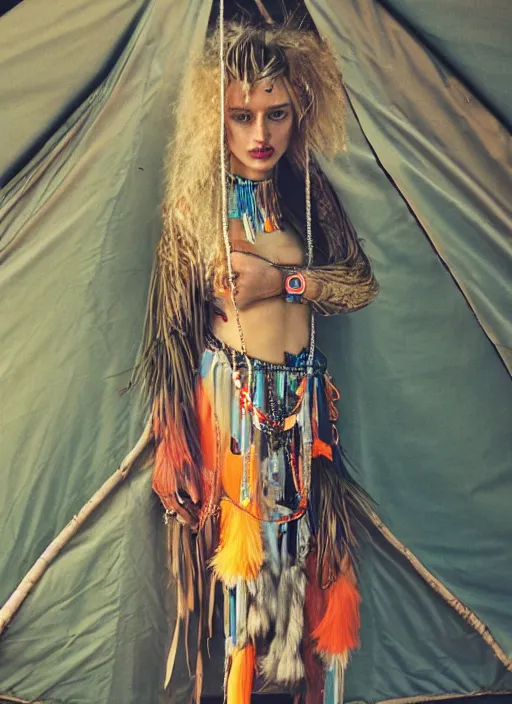 Prompt: vertical photo of polish female in primitive tent, blonde, curly hair, symmetrical beautiful face, cyberpunk decorations and jewelry, native costume, standing in the primitive tent, fashion editorial photography, hyperrealistic, from vogue magazine, reflections, refraction, gold, teal, orange