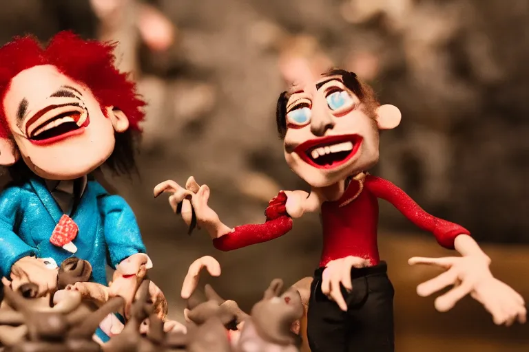 Image similar to cinematic screenshot of a stop motion claymation film about a wacky adventure starring danny brown, shallow depth of field, 1 8 mm, f 1. 8