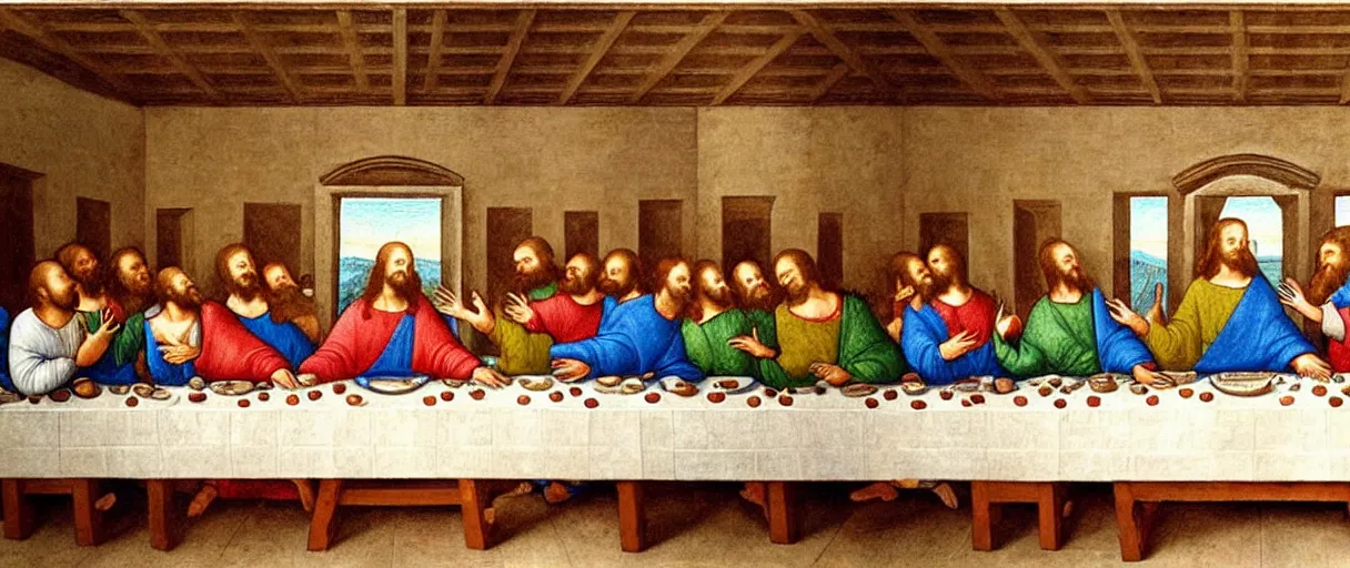 Image similar to the last supper but everyone is an animal. Painting in the style of Leonardo Da Vinci