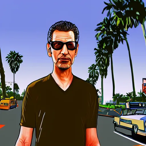 Image similar to Jeff Goldblum in GTA v. Los Santos in the background, palm trees. In the art style of Stephen Bliss.