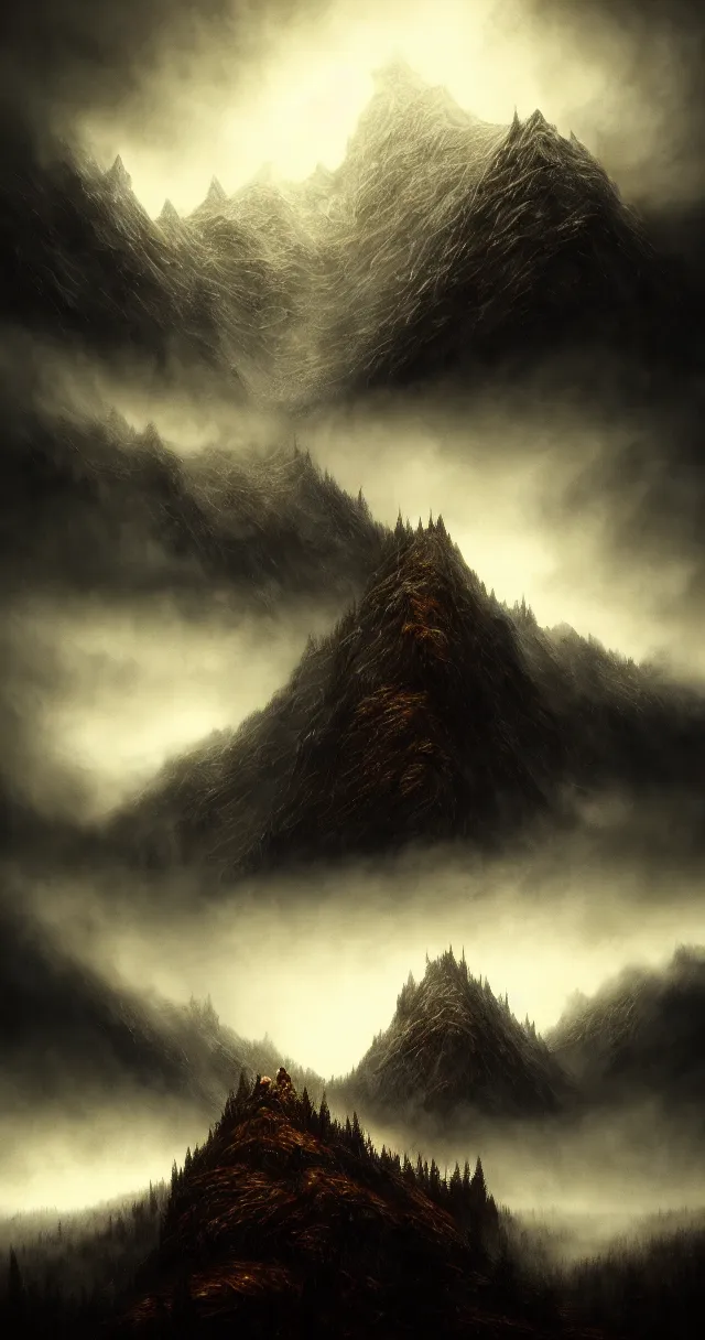 Prompt: epic professional digital art of hungry foreboding mountain, faint golden moody atmospheric lighting, painted, intricate, detailed, detailed, foreboding, by leesha hannigan, wayne haag, reyna rochin, ignacio fernandez rios, mark ryden, iris van herpen,, epic, stunning, gorgeous, much wow, cinematic, masterpiece.