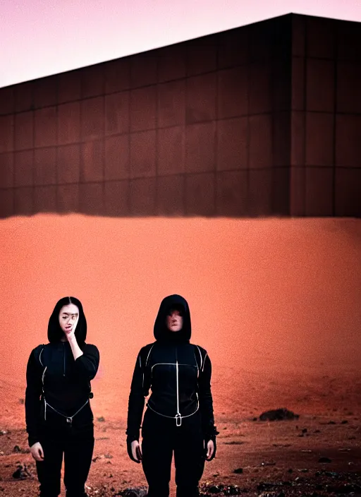 Prompt: cinestill 5 0 d photographic portrait of two female android lovers wearing rugged black techwear on a desolate plain with a red sky, extreme closeup, lizard on ground, cyberpunk style, in front of a brutalist dark metal facility, dust storm, 8 k, hd, high resolution, 3 5 mm, f / 3 2, ultra realistic faces