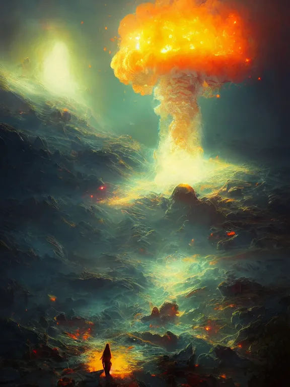 Image similar to photo of 8k ultra realistic nuclear explosion, mushroom cloud, full of colour, cinematic lighting, battered, trending on artstation, 4k, hyperrealistic, focused, extreme details,unreal engine 5, cinematic, masterpiece, art by Peter Mohrbacher