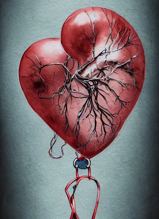 Prompt: portrait, An anatomical heart shaped balloon with a noose hanging from it, watercolor, dramatic lighting, cinematic, establishing shot, extremly high detail, foto realistic, cinematic lighting, pen and ink, intricate line drawings, by Yoshitaka Amano, Ruan Jia, Kentaro Miura, Artgerm, post processed, concept art, artstation, matte painting, style by eddie mendoza, raphael lacoste, alex ross