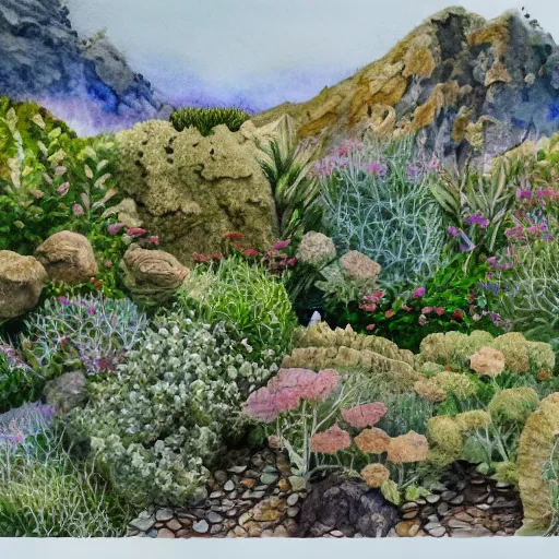 Prompt: delicate coastline mountain garden on paper, stony, puffy, botanical herbarium, botanic watercolors, iridescent, 8 k wide angle, realistic shaded, fine details, artstation, italian, rainbow, colonnade, oak, pinecone, pomegranade, hydrangea, vines, gardena architecture, pompeian, sicilian