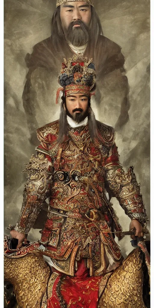 Prompt: a stunning and noble highly detailed romantic period style portrait of Kublai Khan by Josep Tapiró Baró, trending on artstation, oil painting masterpiece, ((symmetry)), ((((fractals))), Chinese & Mongolian iconography