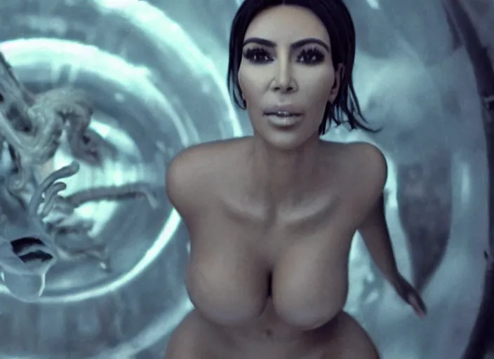 Prompt: film still of kim kardashian waist swallowed being ingested by an xenomorph, alien goo, transparent goo, transparent liquid, saliva, 8 k