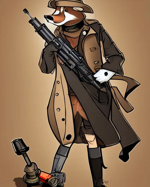 Image similar to a fox wearing a black trench - coat holding a mini - gun, comic art style, digital art,