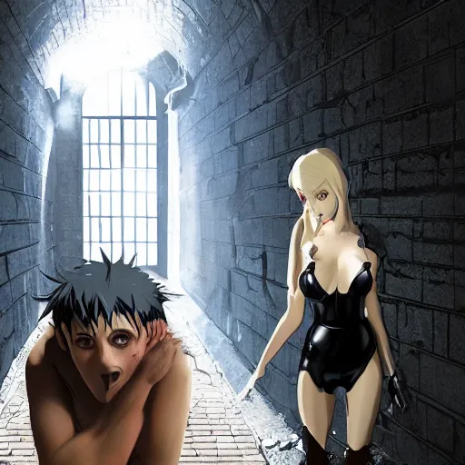 Image similar to a boy victim being intimidated by a succubus in a leather suit, devi wings, cracked brick wall, long hallway, light at the end of the tunnel, volumetric lighting, concept art, detailed, dramatic lighting, by hayao miyazaki