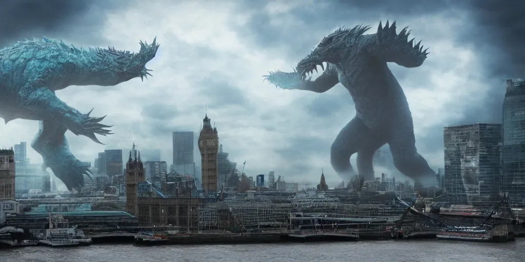 Image similar to kaiju attack in london photography realistic, detailed, cinematic