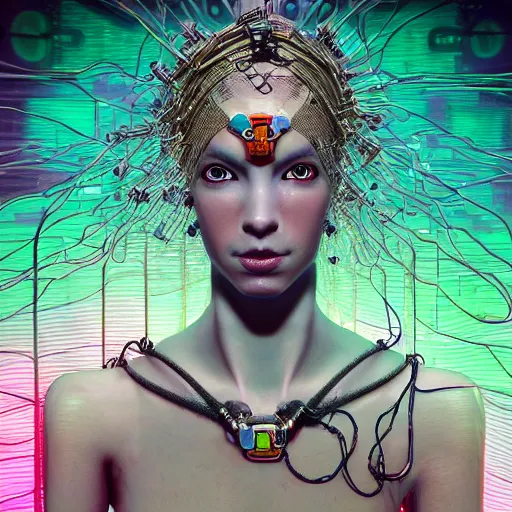 Image similar to deeper into the metaverse we go, piles of modular synth cables mixed with roots, puerto rican goddess swimming up wearing a headpiece made of circuit boards, by cameron gray, wlop, stanley kubrick, masamune, hideki anno, jamie hewlett, unique perspective, trending on artstation, 3 d render, vivid