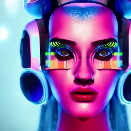 Image similar to A close-up of a beautiful girl with a surreal makeup full of colors and stripes, octane render, details visible, cyberpunk vibes, neons on the background