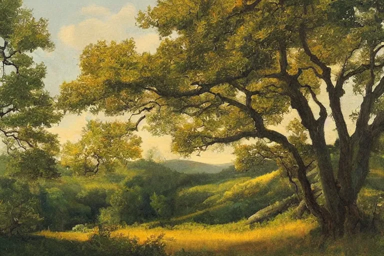 Prompt: masterpiece painting of oak trees on a hillside overlooking a creek, by gunnar widforss