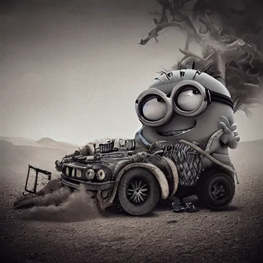 Prompt: Minion, George Miller, Photorealistic, Hyper detailed, desert, post apocalyptic, angry, crazy, wild, fire, dust, black and white