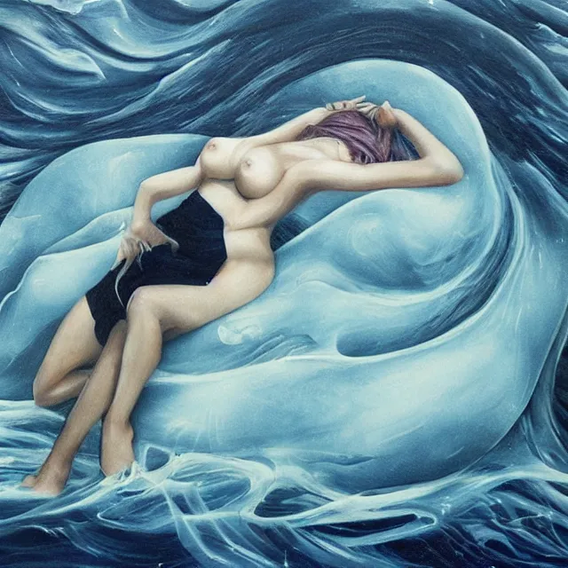 Image similar to a female art student falling asleep, iceberg, dark, sensual, dreamy, waves, swirls, blue drips, fish, blueberries, octopus, neo - impressionist, surrealism