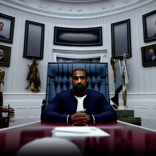 Image similar to photo of kanye west in the oval office, white house, movie still, cinematic, 8 k, unreal engine, 3 d render