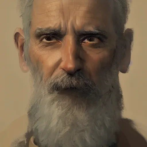 Image similar to An oil painting of a man dressed in priest robes, 50 years old, short grey hair, trimmed beard, sharp facial features, beautiful, highly detailed, by Cédric Peyravernay, trending on artstation