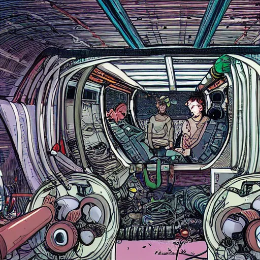 Prompt: the dirty interior of the cyberpunk troop transport ship, crammed with wires, pipes and rubbish, in style of moebius and laurie greasley, detailed
