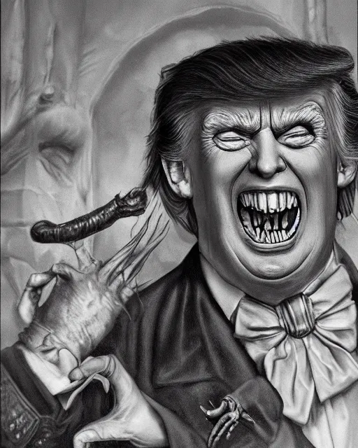 Image similar to donald trump as dracula with fangs out, character portrait, close up, concept art, intricate details, highly professionally detailed, hyperrealist, in the style of otto dix and h. r giger