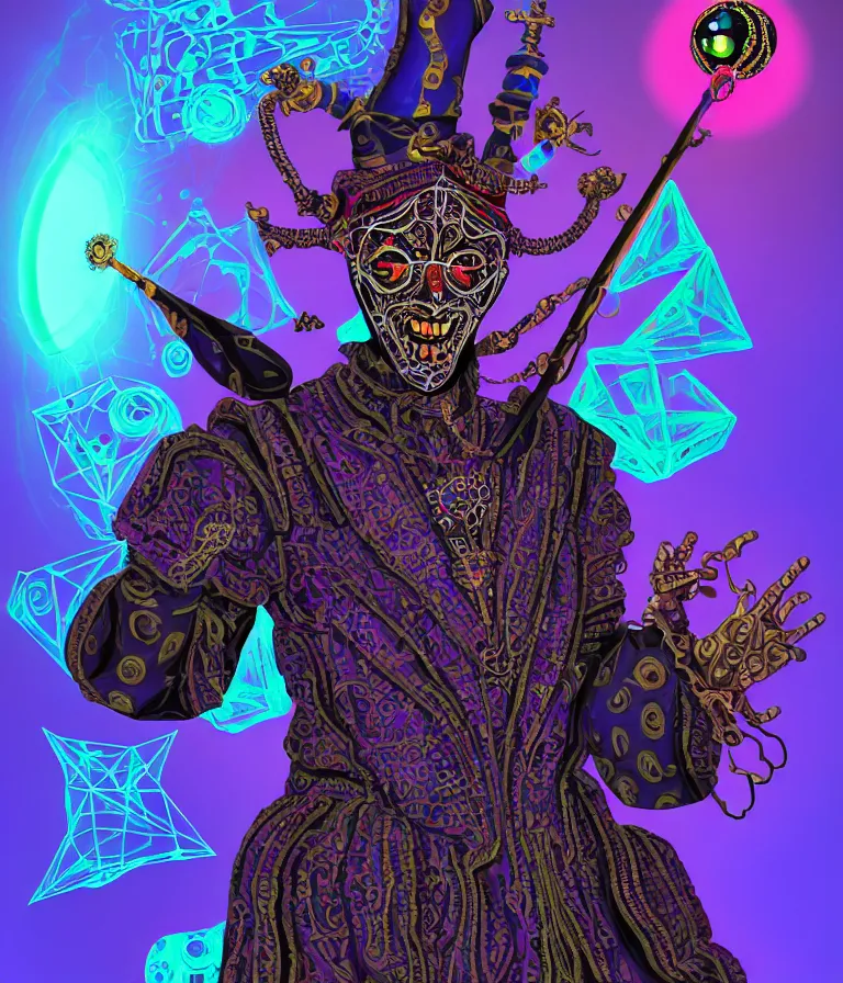 Image similar to front!!! shot of a court jester!!! character, hyperdimensional, (bioluminescent) hypercubes, dark holography!!!, ((sunset)) ((psychedelic)), chrome, mechanical, (((intricate))), elegant, highly detailed, centered, (((artstation, concept art, smooth, sharp focus, artgerm, Tomasz Alen Kopera, Peter Mohrbacher, donato giancola, Joseph Christian Leyendecker, WLOP, Boris Vallejo))), mugshot!!!!!, ugly!!!!!!, octane render, nvidia raytracing demo, octane render, nvidia raytracing demo, octane render, nvidia raytracing demo, grainy, muted, 8K, digitalblasphemy, metatron