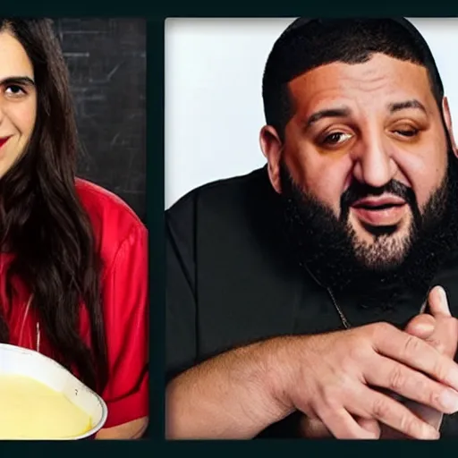 Image similar to hila klein from the h 3 podcast and dj khaled on an episode of hell's kitchen