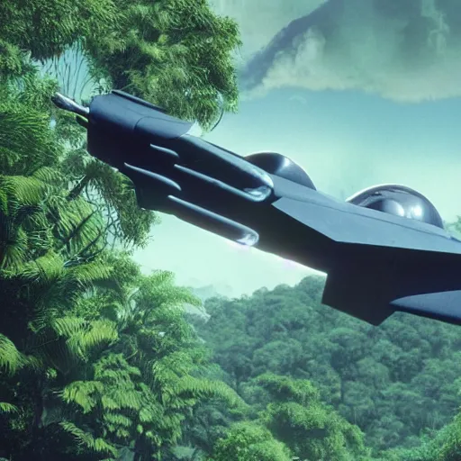 Prompt: alien jet fighter flying over vibrant jungle, vintage old, retrofuturism sci - fi old movie, highly detailed, photorealistic, 8 k