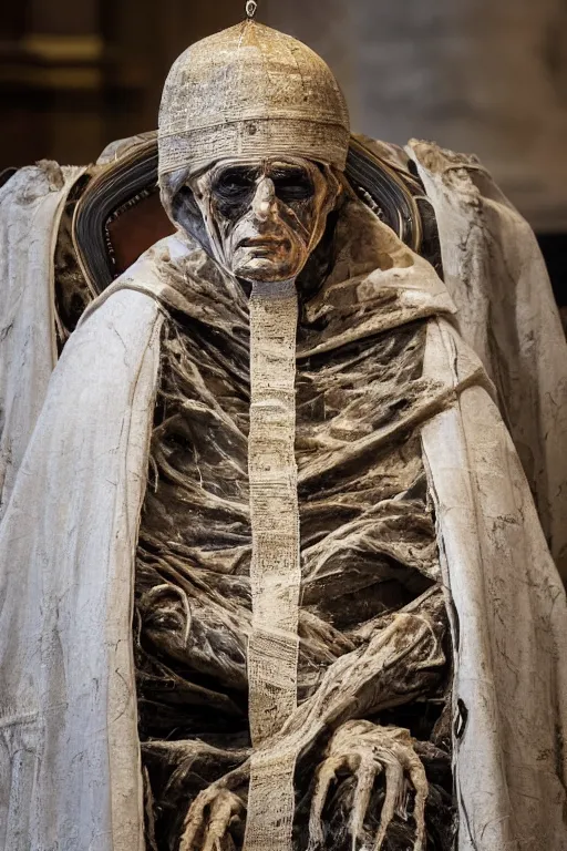 Image similar to mummified pope in his throne at the vatican, desiccated, close - up portrait, tall pontiff hat, mitre, dark, moody, black skin, ornate, hyper realistic, sharp focus, highly detailed