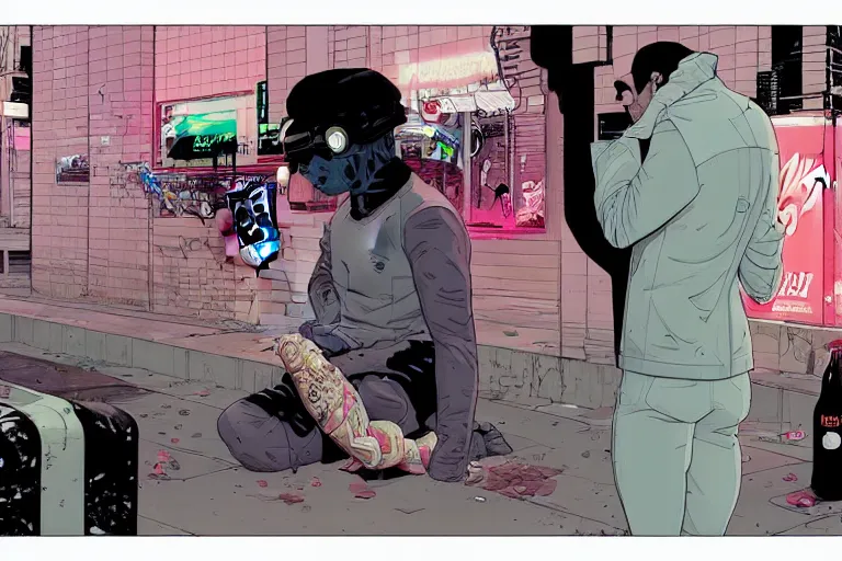 Image similar to cyborg drinking Coke at a dirty crouded streetcorner, cyberpunk, by Josan Gonzalez and Tomer Hanuka and Moebius