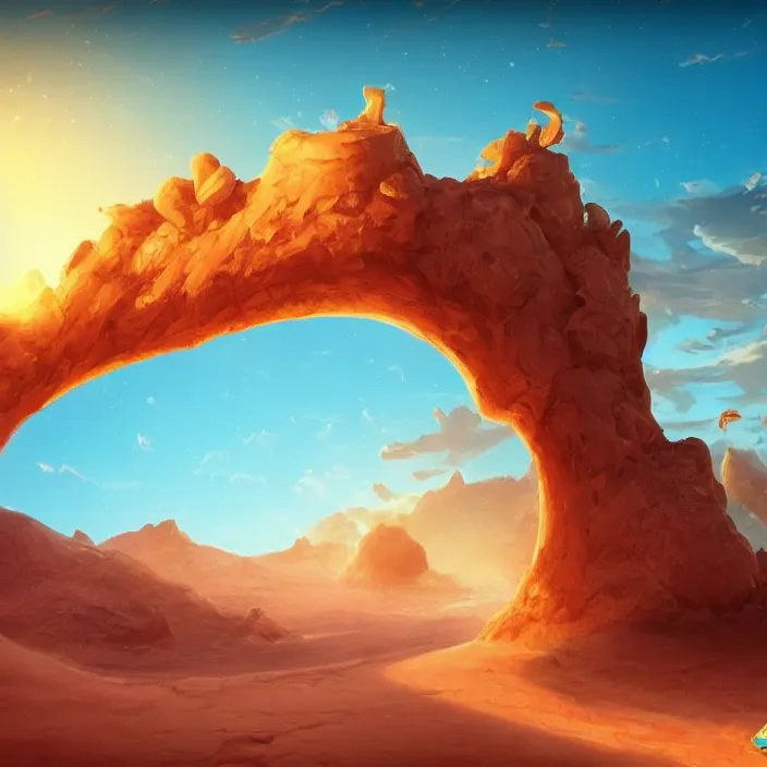 Image similar to desert made from icecream and candies, caramel colorful sun, luminescent sky, handsome, intricate, detailed, volumetric lighting, scenery, digital painting, highly detailed, artstation, sharp focus, illustration, 8 k, hyper realistic, magic world, cartoon