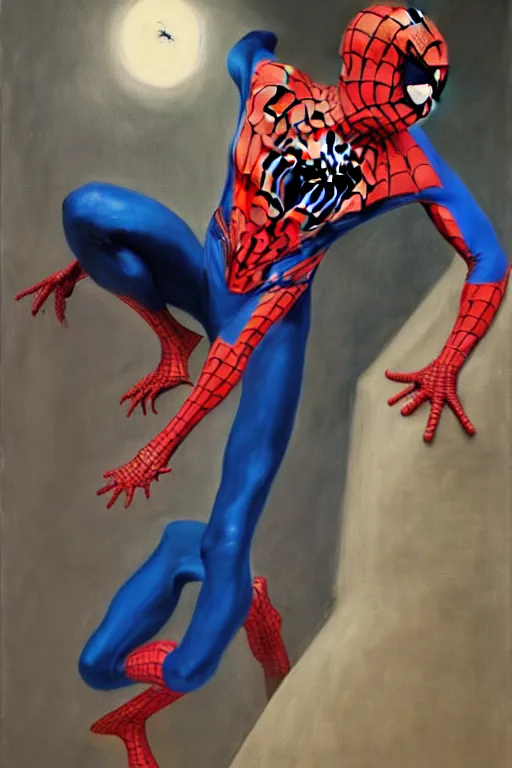 Image similar to man in spider man costume, lizard in costume astronaut, hauntingly surreal, highly detailed painting by francis bacon, edward hopper, adrian ghenie, gerhard richter, and james jean soft light 4 k,