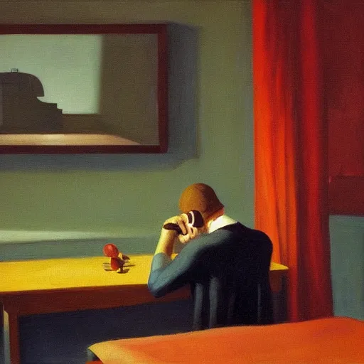 Image similar to a dark edward hopper oil painting of a man playing video games