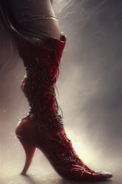 Image similar to red women's boots, shoes only, by wlop, by luis royo, by peter mohrbacher, concept art, digital illustration, intricate, masterpiece, elegant, super detailed, unreal engine rendering, smooth, sharp focus, artstation hq