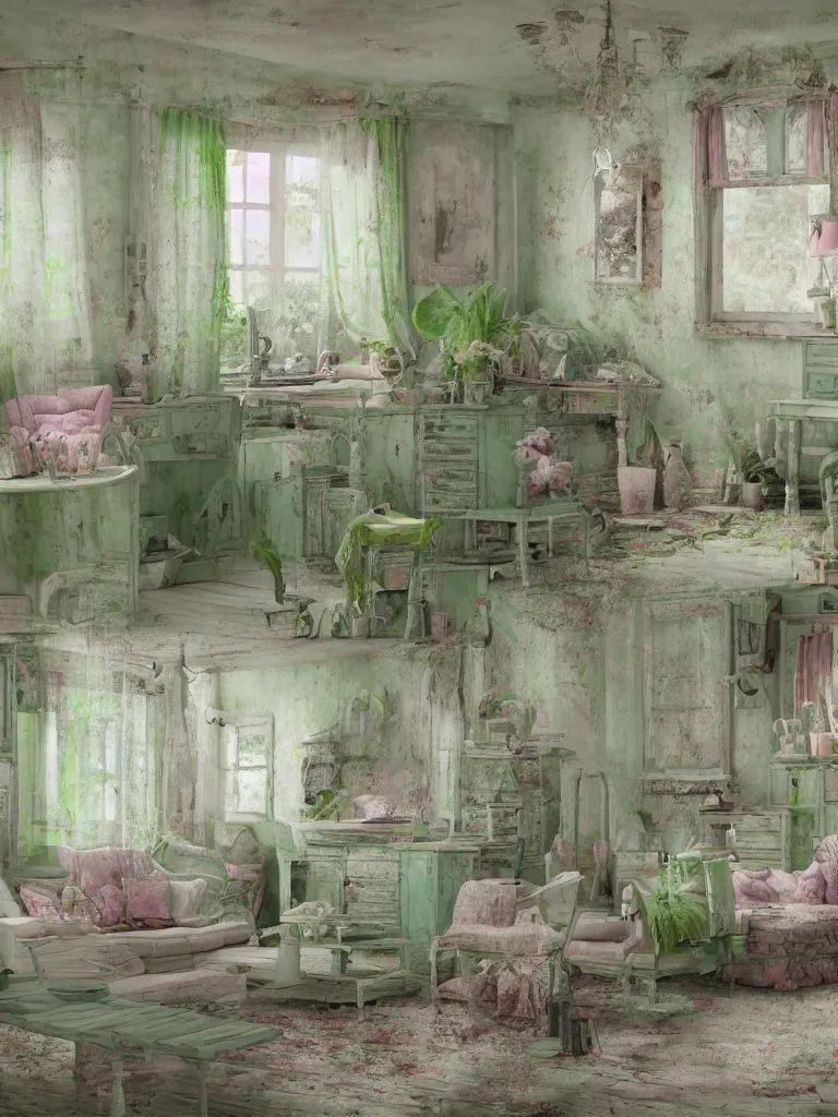 Prompt: Shabby-chic style room with distressed furniture and pastel colors, pleasant interior design, lime green colors, Tropical interior lighting, rural view, pleasant design, messy, style of Elizabethan, 4k, wide perspective, grand composition, concept art, highly detailed, sublime, dramatic, cinematic, octane