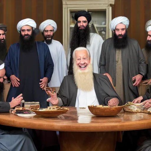 Image similar to 4 k hdr portrait wide angle photo of president joe biden as a taliban muslim leader with a beard laughing at a dinner table meeting surrounded by taliban terrorist leaders who are dancing with oil barrels in the background