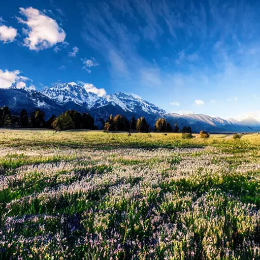 Prompt: photo of a heavenly meadow with a mountain range in the background