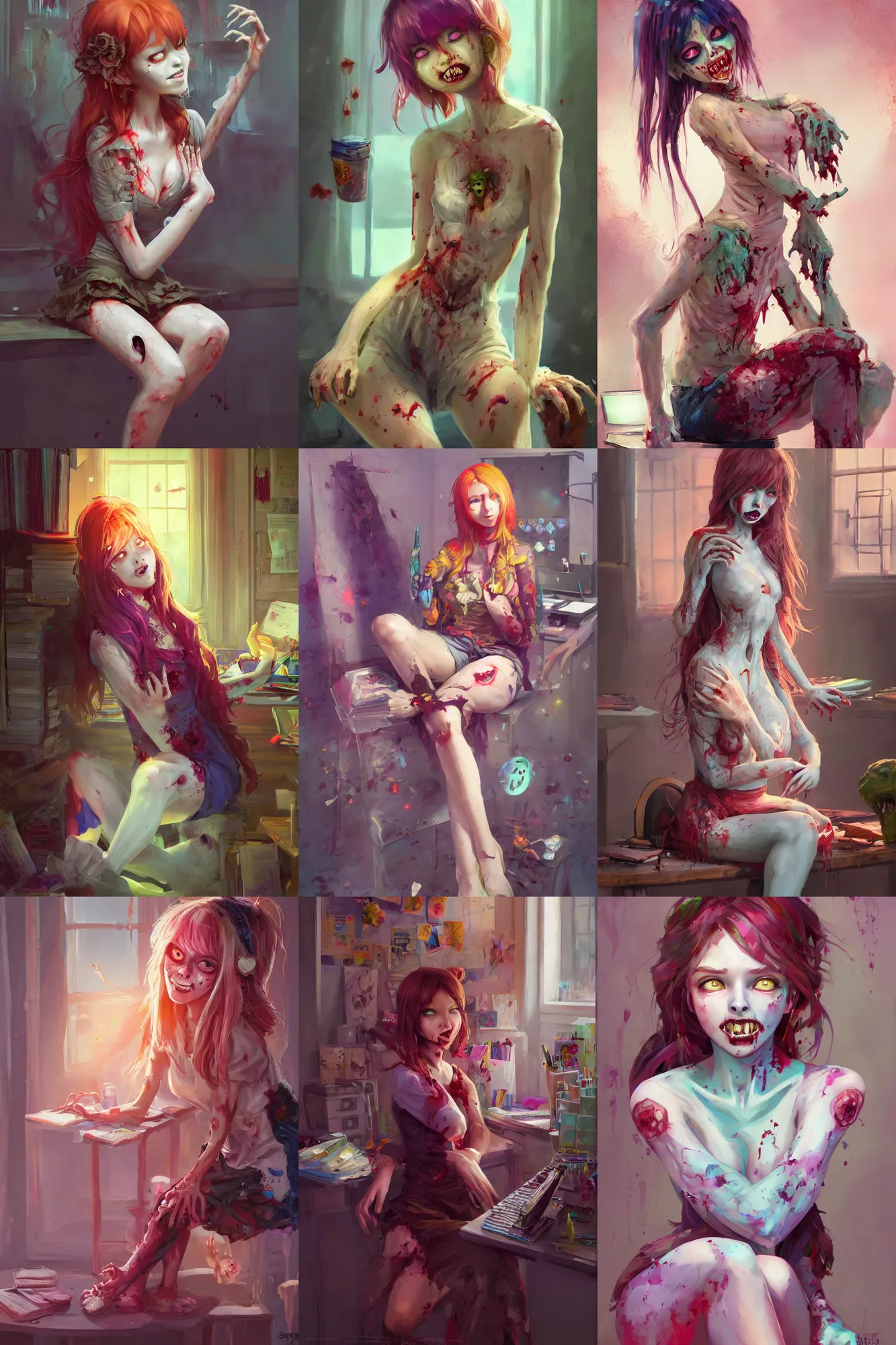 Prompt: a beautiful zombie girl sitting in her office | | cute - fine - subtle smile, colorful hair, face, pretty face, fine details by stanley artgerm lau, wlop, rossdraws, james jean, andrei riabovitchev, marc simonetti, and sakimichan, trending on artstation