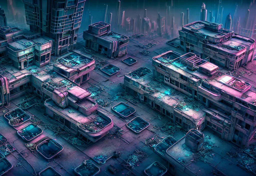 Image similar to A highly detailed crisp unreal engine render of aerial drone photo of A beautiful futuristic cyberpunk abandoned dystopia city building with neon fine lights, plants allover , godray, sunlight breaking through clouds, clouds, debris on the ground, abandoned machines bright colors, isometric, nitid horizon, factory by wangchen-cg, 王琛,Neil blevins, artstation, Gediminas Pranckevicius